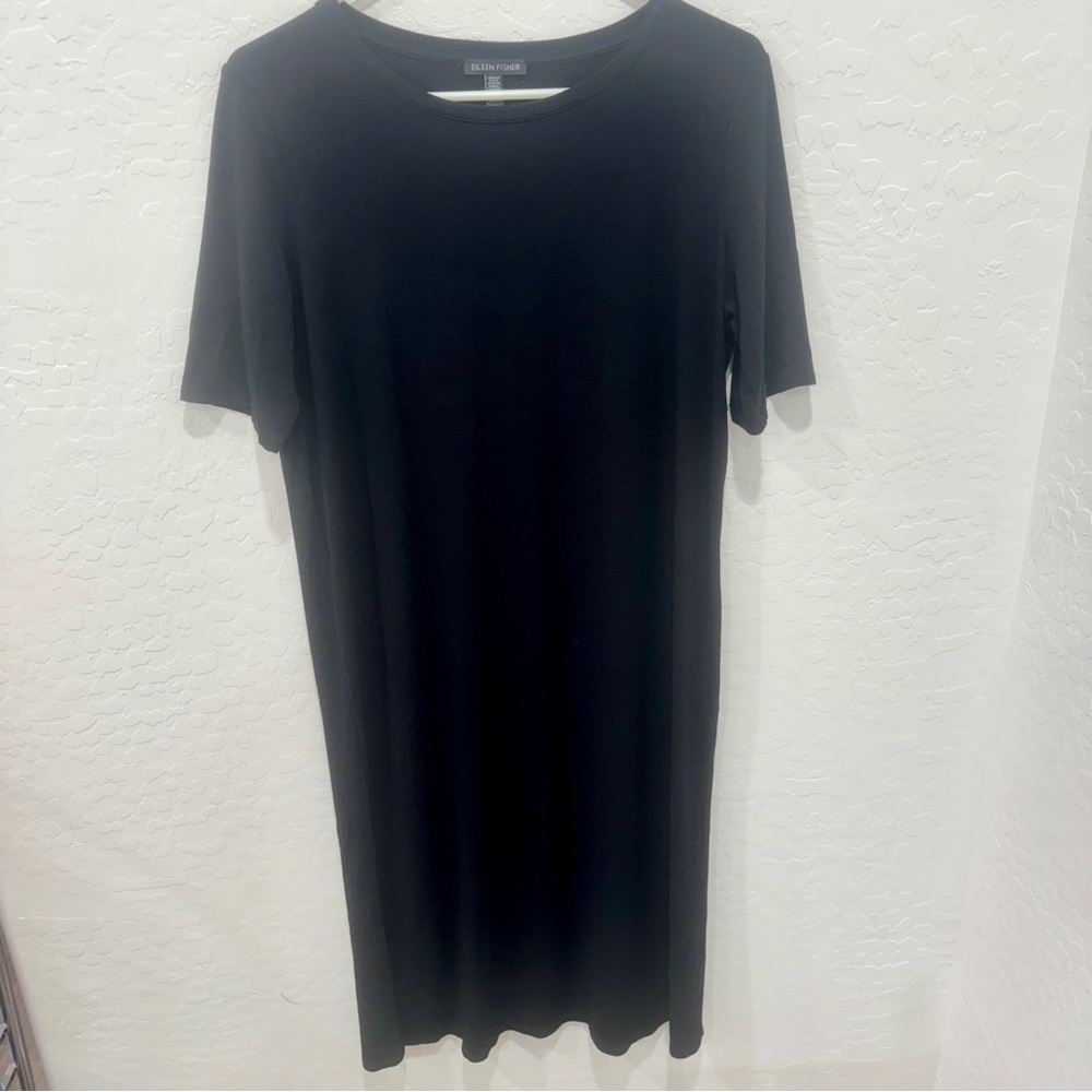 Eileen Fisher Dress Womens Medium Black Shift Midi Lagenlook Minimalist Capsule